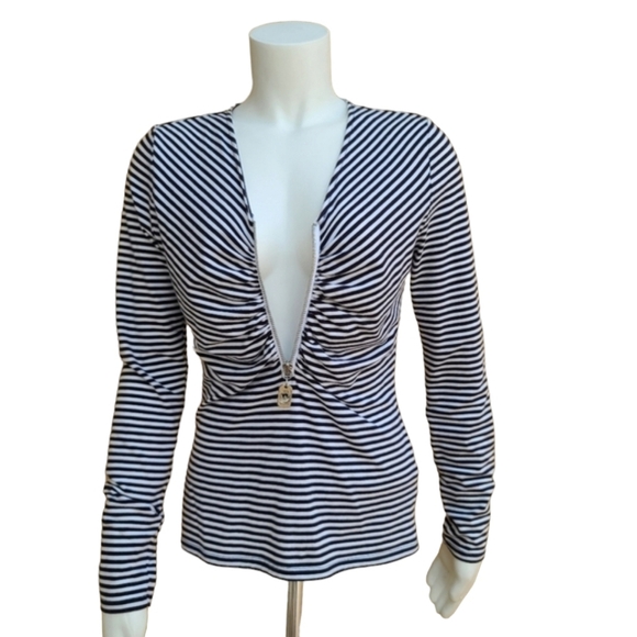 MICHAEL KORS Striped Long Sleeve Knit Top S Small Shirt Ruched Zipper Front - Picture 2 of 13